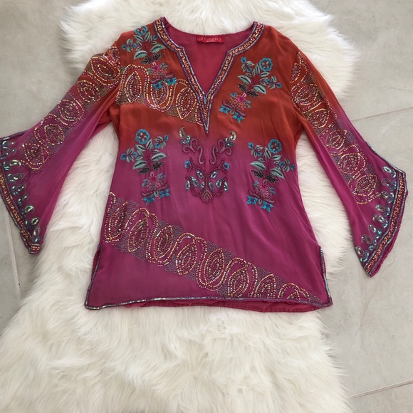 Bell-Sleeve Silk Beaded Blouse, size M - Picture 3 of 8
